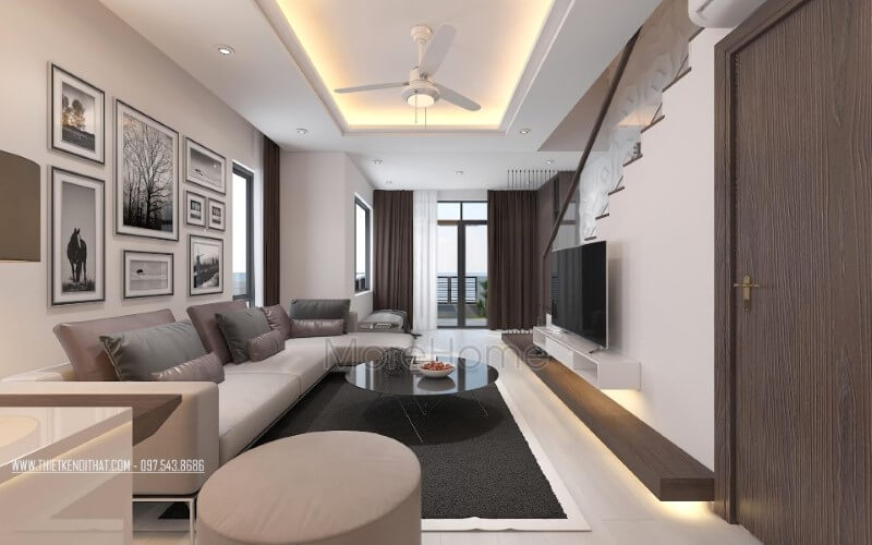 Sofa góc L bọc da cao cấp tạo điểm nhấn sang trọng cho phòng khách hiện đại. Mẫu thiết kế và thi công nội thất biệt thự