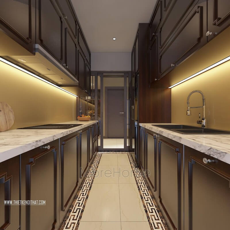 Tủ bếp gỗ việt được kiến trúc sư Morehome thiết kế với những đường chỉ viền cánh đẹp mắt Nội thất phòng bếp