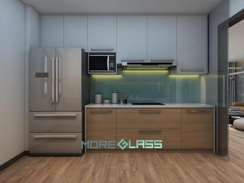 Sắp xếp!Bố trí mẫu kính ốp bếp màu xanh ngọc với không gian phòng bếp nhỏ ở chung cư. Nội thất phòng bếp