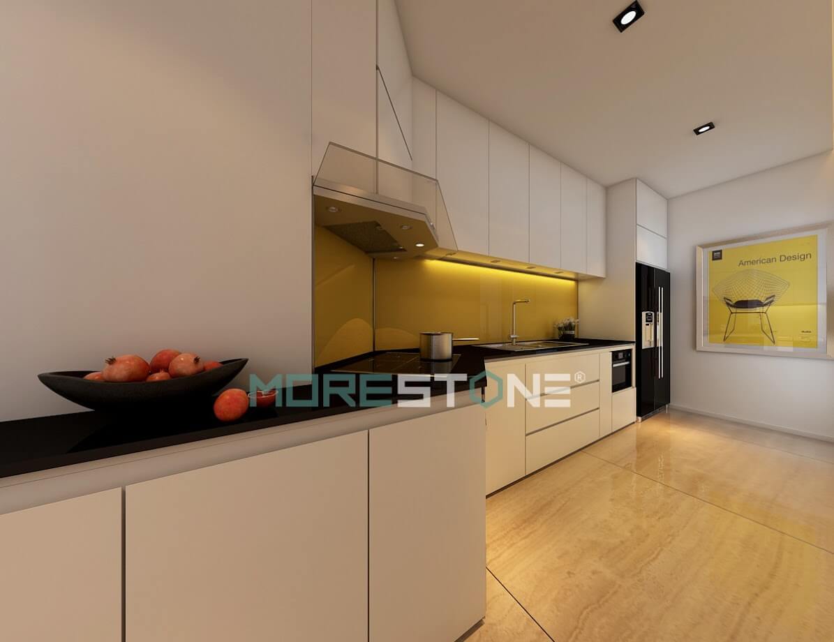 Đá bếp nhân tạo màu đen có độ bóng cao, đảm bảo vệ sinh và độ bền màu Nội thất phòng bếp