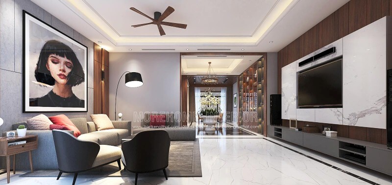 Sắp xếp nội thất phòng khách ấn tượng với thiết kế mở, hiện đại tạo nên không gian thông thoáng, đẹp mắt. Thiết kế nội thất phòng khách nhà phố