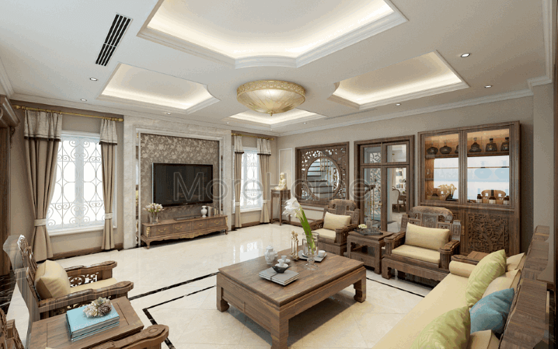 Bố trí nội thất phong cách Á Đông mang lại cảm giác ấm áp, gần gũi nhưng không kém phần sang trọng đẳng cấp tại biệt thự Riverside Nguyễn Duy Trinh. Thiết kế nội thất phòng khách nhà phố