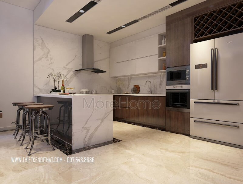 Mẫu tủ bếp gỗ công nghiệp màu nâu hiện đại với thiết kế nối dài để trang trí những sản phẩm phục vụ cho khu bếp của gia đình Tủ bếp đẹp, tủ bếp đẹp hiện đại, tủ bếp An Cường, tủ bếp cao cấp