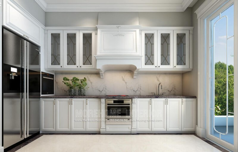 Mẫu tủ bếp tân cổ điển được thiết kế một cách tối giản, các đường nét chi tiết chạm khắc không quá cầu kì mà tập trung vào công năng sử dụng của sản phẩm mang đến một nhà bếp sang trọng mà không bị rối mắt Tủ bếp đẹp, tủ bếp đẹp hiện đại, tủ bếp An Cường, tủ bếp cao cấp