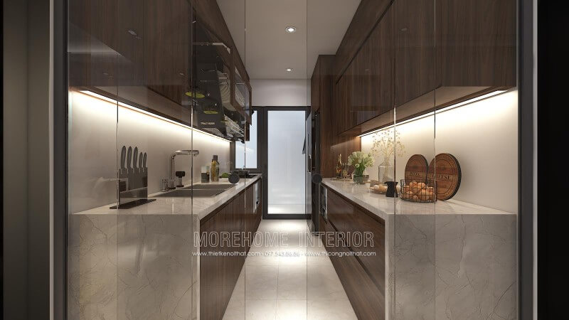 Tủ bếp gỗ Veneer óc chó với màu sắc nâu trầm sang trọng, đá ốp bếp nhân tạo sáng màu được sử dụng tạo điểm nhấn đẹp mang lại sự sang trọng, trẻ trung hơn Tủ bếp đẹp, tủ bếp đẹp hiện đại, tủ bếp An Cường, tủ bếp cao cấp