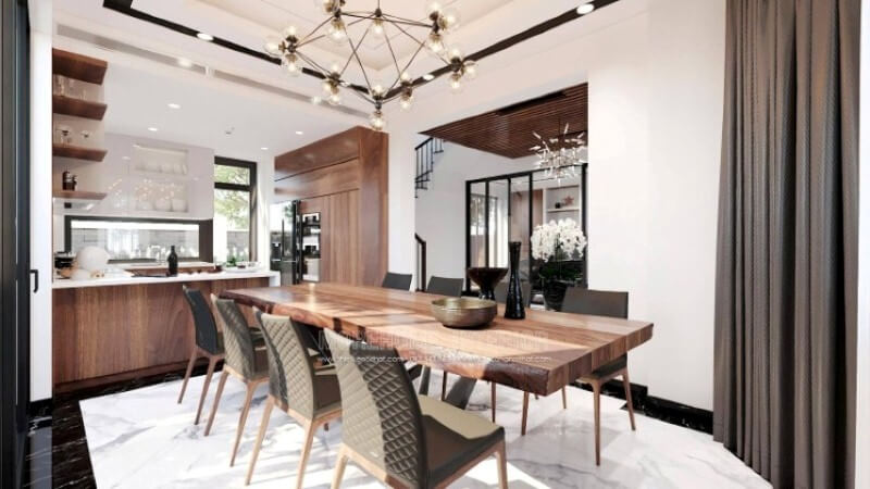 Mẫu tủ bếp hình chữ U với thiết kế bàn đảo liền mạch sẽ là một gợi ý tuyệt vời cho không gian bếp vuông vắn mà không cần tốn quá nhiều diện tích. Thiết kế tủ bếp biệt thự sang trọng