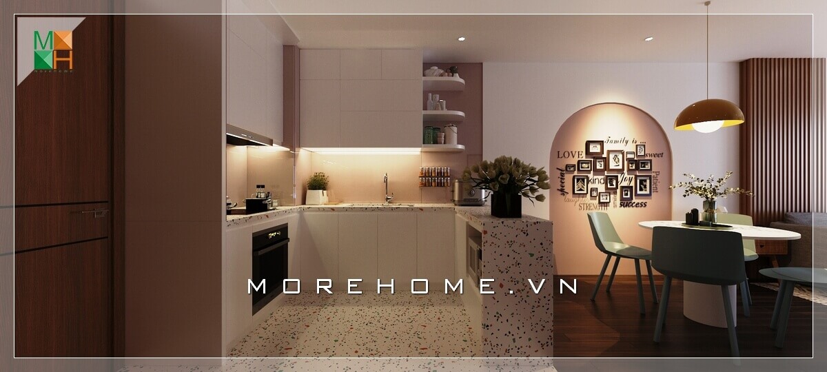 Mẫu thiết kế nội thất phòng ăn chung cư được ngăn cách bếp với bàn ăn bằng một vách ngăn dạng quầy bar cho không gian nhà thêm đẹp và hiện đại hơn. Thiết kế phòng bếp chung cư