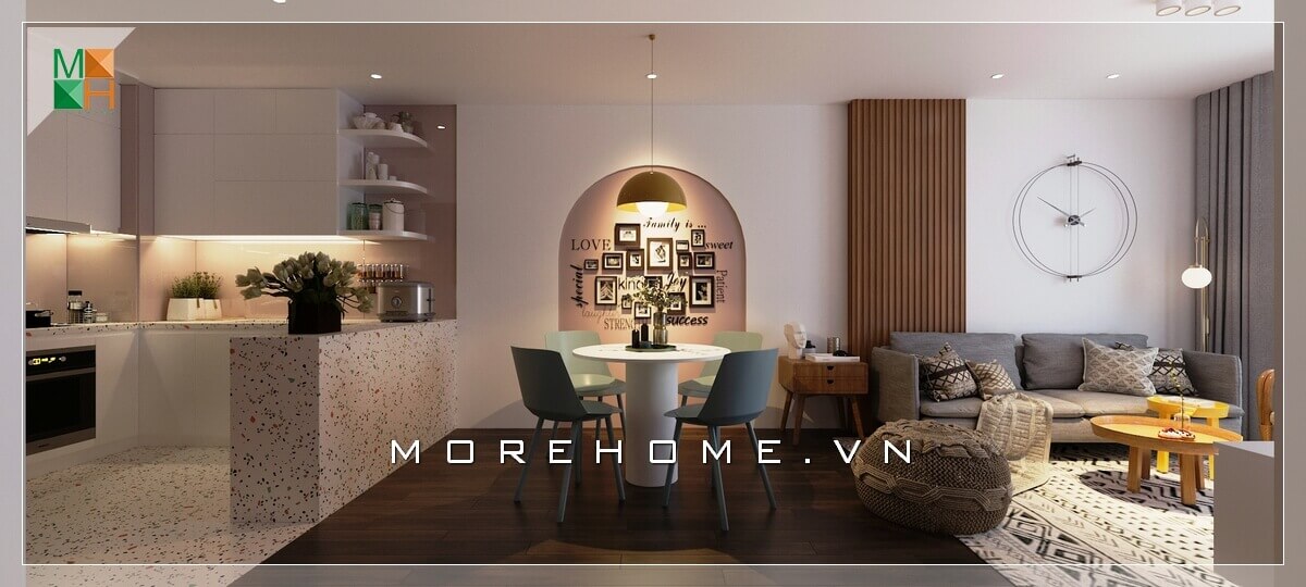 Thiết kế bố cục phòng khách chung cư đơn giản liền phòng ăn và bếp mang đến sự liền mạch, tiện lợi mang phong cách hiện đại. Thiết kế phòng bếp chung cư