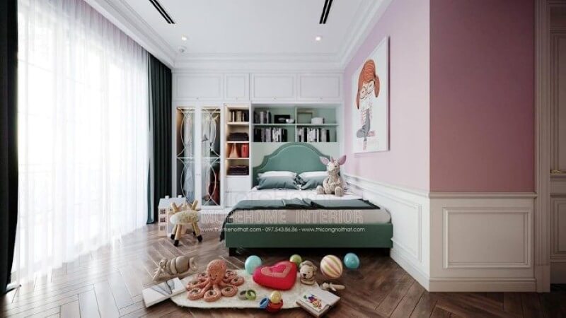 Giường ngủ bọc nệm màu xanh đẹp đáng yêu cho phòng bé. thiết kế nội thất chung cư