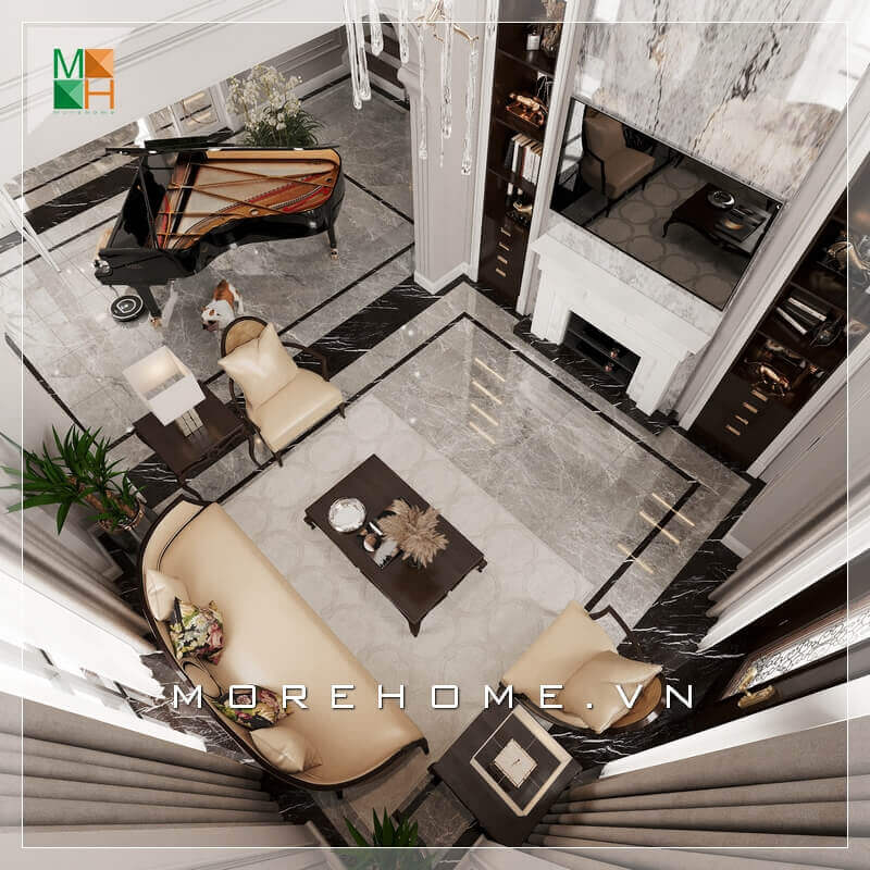 Mẫu thiết kế phòng khách cao cấp, đặt piano ngay trong phòng khách là sự lựa chọn của nhiều gia đình làm tăng thêm vẻ sang trọng cho không gian phòng khách đẹp. Thiết kế phòng khách biệt thự