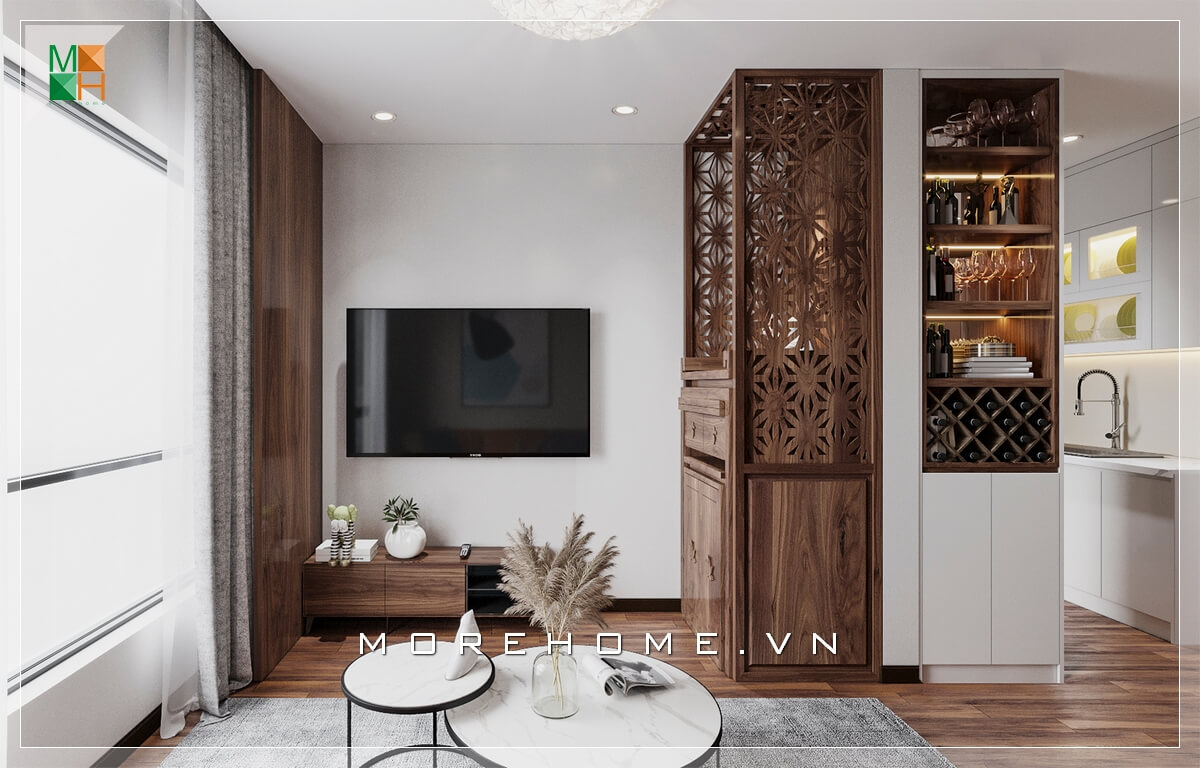 Mẫu kệ tivi gỗ tự nhiên tuy đơn giản nhưng cũng hết sức tinh tế và tiện nghi khiến căn phòng khách chung cư trở nên sang trọng hơn. Thiết kế phòng khách chung cư
