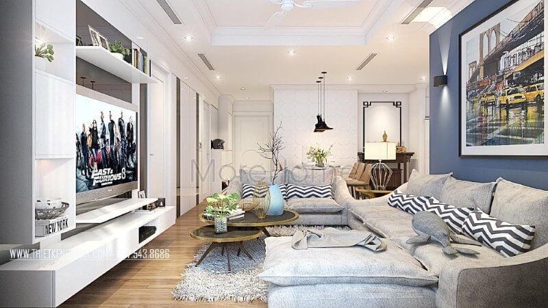 Nội thất phòng khách hiện đại ấn tượng với tone màu ghi xám chủ đạo tạo nên một nét đẹp tinh tế, trẻ trung trong mẫu thiết kế chung cư đẳng cấp này