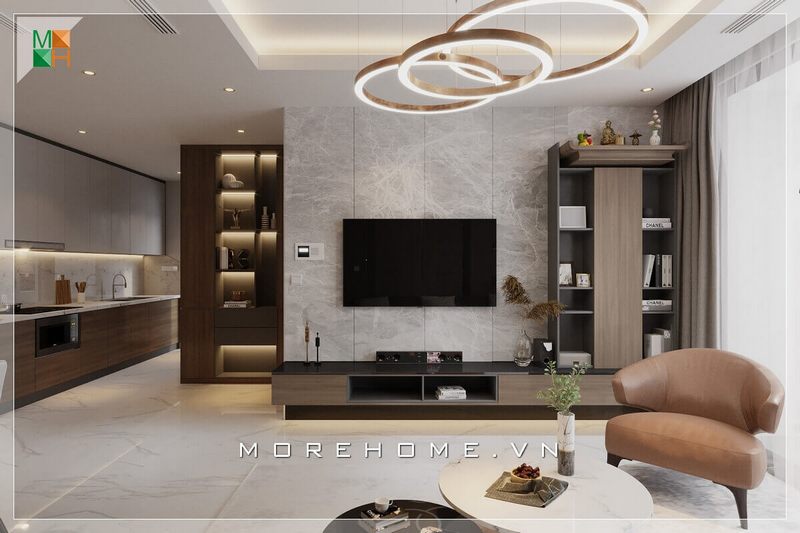 Mẫu thiết kế phòng khách liền kề phòng bếp vô cùng hiện đại, cao cấp cho chung cư, nhà phố,biệt thự