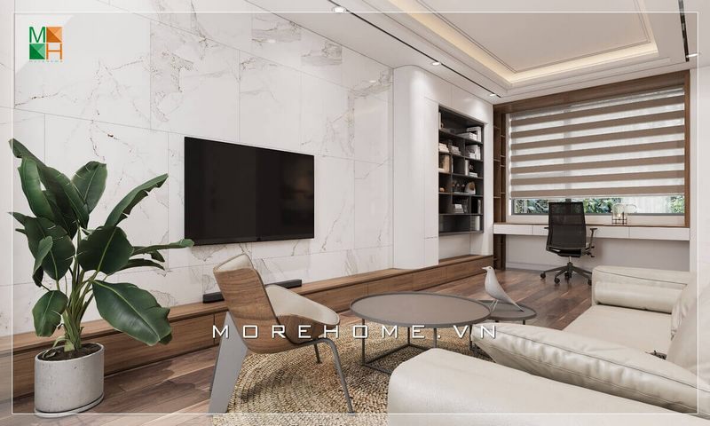 Mẫu thiết kế nội thất phòng khách kết hợp bàn làm việc có cửa sổ lớn hiện đại và tiện lợi cho chung cư, nhà phố.