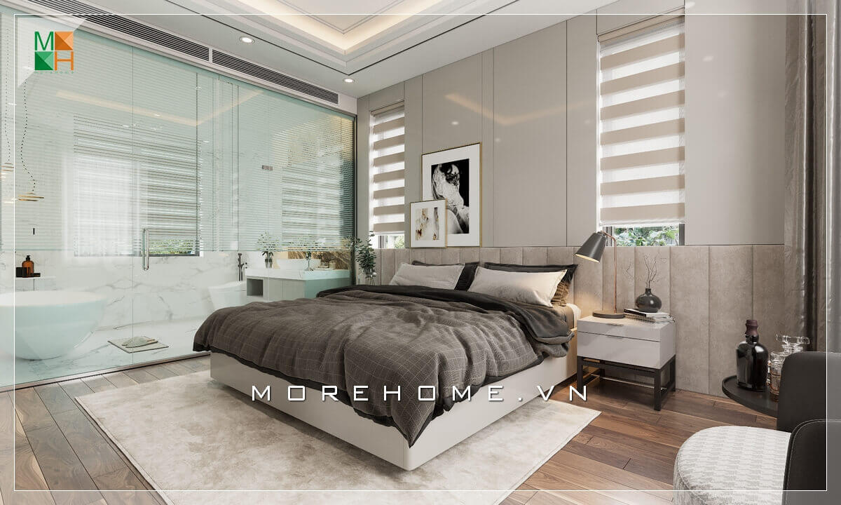 vách kính ngăn cách giữa phòng ngủ với nhà tắm, thiết kế thông minh sáng tạo biến căn phòng ngủ trở nên tiện nghi.