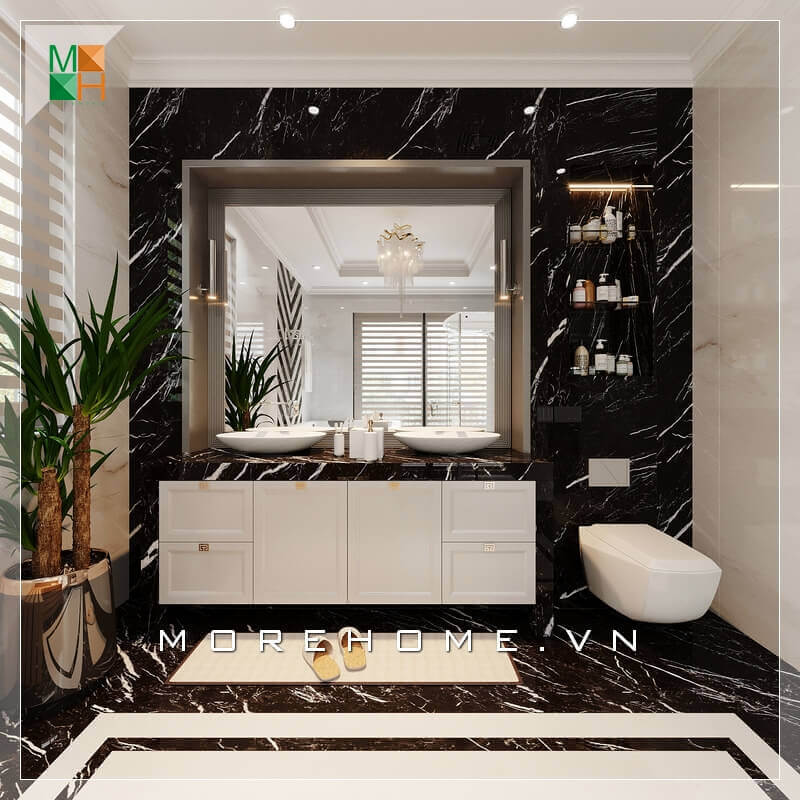 Để tạo nên một căn phòng tắm cao cấp như này không thể bỏ qua gạch ốp tường và gạch lát nền đẹp, màu sắc sang trọng.