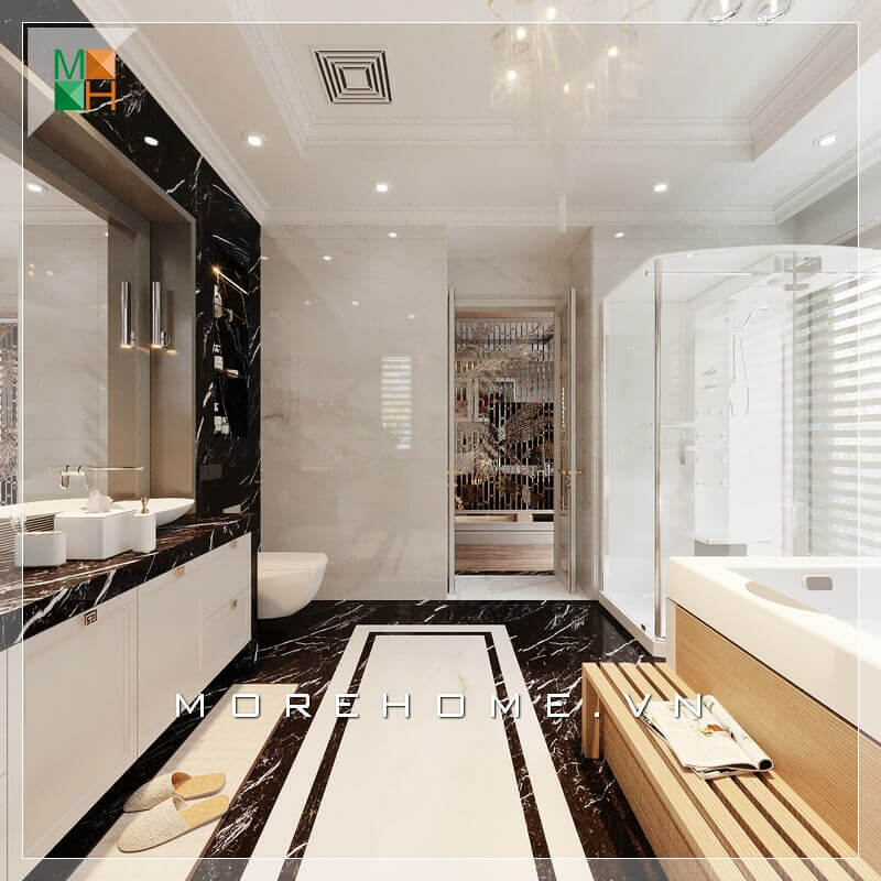 Sử dụng vách kính cường lực chắn giữa phòng tắm và vệ sinh đầy tinh tế và sáng tạo, kết hợp thêm bục kệ gỗ phòng tắm thông minh và tiện lợi.