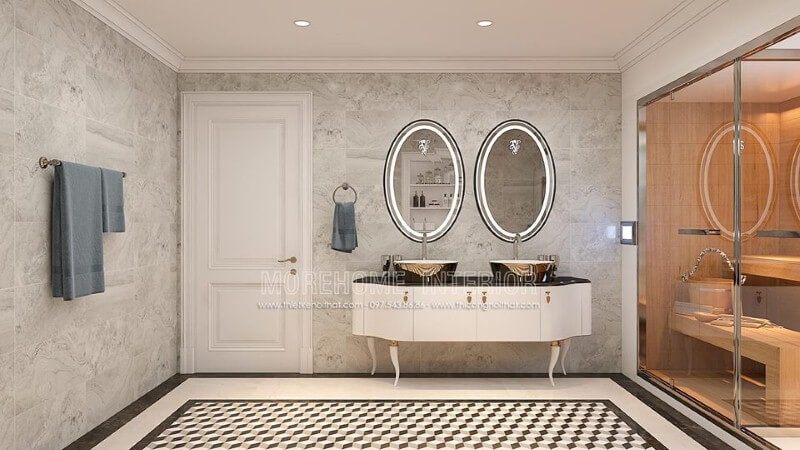 Gương trang trí phòng tắm hình elip có đèn led cao cấp tạo điểm nhấn đẹp, sang trọng cho phòng tắm.