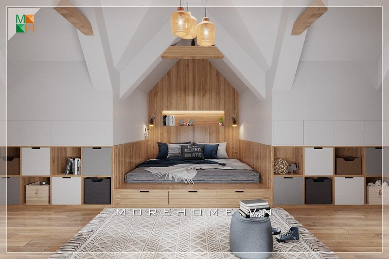 Ấn tượng với mẫu giường ngủ được thiết kế khá độc đáo nằm sâu vào tường được ốp xung quanh bằng chất liệu gỗ hiện đại.