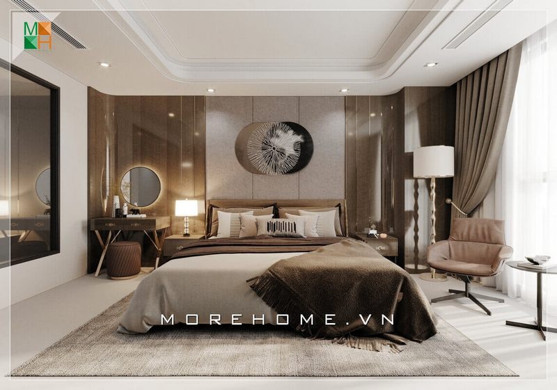 Mẫu giường ngủ hiện đại sắc trắng làm tăng độ tinh tế và tiện nghi cho không gian phòng ngủ nơi đây.