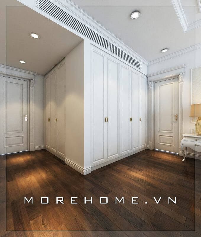 Mẫu tủ quần áo âm tường phong cách tân cổ điển được gia chủ lựa chọn giúp cho không gian thêm phần thoáng rộng hơn cả