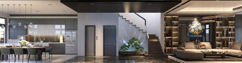 Để tạo nên góc nhìn ấn tượng cho phòng khách liền bếp biệt thự, nhà phố, hãy sắp xếp nhà vệ sinh gầm cầu thang theo một cách độc đáo.